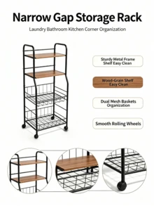 1pc 4-Tier Movable Metal Storage Rack, With Wood Top And Universal Wheels, Wire Storage Baskets, Stable Structure, Space Saving, Floor Standing Storage Rack / Storage Cart, Suitable For Kitchen, Living Room, Bathroom And Dormitory - Multiple Specifications - View 6