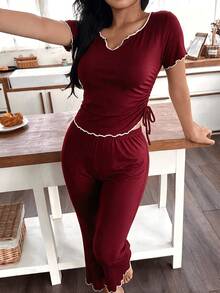 2PCS Christmas Burgundy Night Wear Women, Ruffle Edge Side Drawstring Short Sleeve Top & Flare Pants Women Sleepwear Homewear - Burgundy - View 1