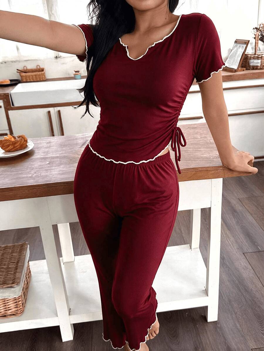 2PCS Christmas Burgundy Night Wear Women, Ruffle Edge Side Drawstring Short Sleeve Top & Flare Pants Women Sleepwear Homewear - Burgundy - View 1