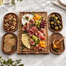 5-Piece Set Acacia Wood Platter Set, Portable Cheese Serving Tray, Suitable For Sausage, Snacks, Cured Meats And Appetizers, Picnic And Gift Kitchen Serving Tray. Ideal Gift For Housewarming, Wedding, Family Gathering, Date Night. This Durable Cheese Cutting Board Is Perfect For Kitchen, RV Travel And Various Celebrations. - View 3