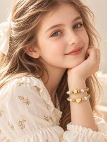 2pcs/Set Girls White Faux Pearl Beaded Bracelets Gold Tone Heart Star Charm Stackable Jewelry Kids Jewelry For Birthday Party Daily Wear Gift - Gold - View 1