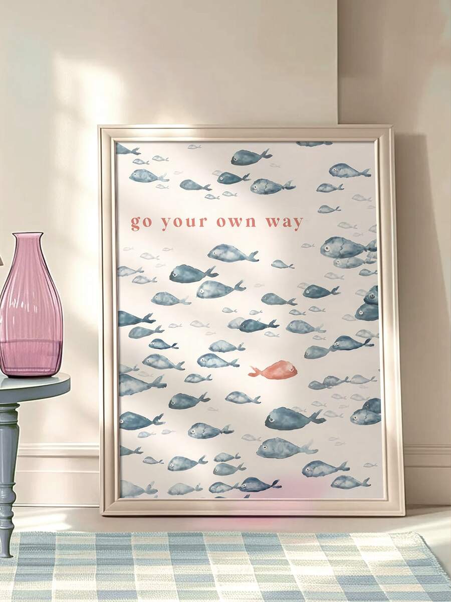 1pc "Walk Your Own Path" Fish Sailboat Canvas Art Poster - Wall Decor, Suitable For Living Room, Bedroom, Home Office - Modern/Classic Style, Ink Print Animal Theme - Blue and White - View 1