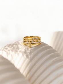 1 buah Cincin Batu Permata Putih Bulat Mewah Berlapis Emas 18K, Cincin Bertumpuk Berlapis, Cincin Berlian Bunga, Hadiah Pesta Liburan yang Istimewa untuk Wanita - Yellow Gold - View 4
