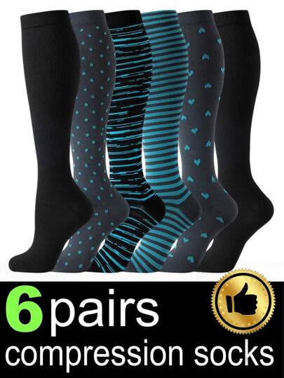 6 pares de calcetines de compresión hasta la rodilla de nuevo estilo aleatorio unisex, calcetines de soporte de alta elasticidad y amigables con la piel, adecuados para correr en carretera, senderismo al aire libre, estar de pie en la oficina y salidas de fin de semana
