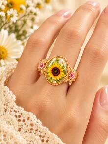 1pc Ladies' Butterfly, Sunflower, Bee Opening Ring, Retro Gold Oval Flower Design With Pink Flower Decoration, Rustic Jewelry, Nature Enthusiast Gift - Gold - View 4