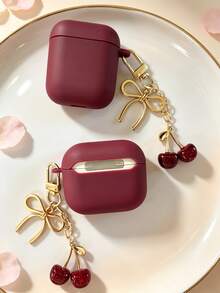 1pc Cute Cherry Bow Keychain TPU Earphone Protective Case, Soft Anti-Drop Earphone Shell Cover Compatible With Apple Earphones - Burgundy - View 4