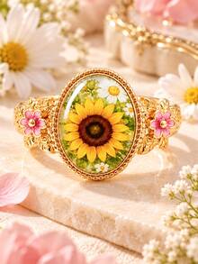1pc Ladies' Butterfly, Sunflower, Bee Opening Ring, Retro Gold Oval Flower Design With Pink Flower Decoration, Rustic Jewelry, Nature Enthusiast Gift - Gold - View 5