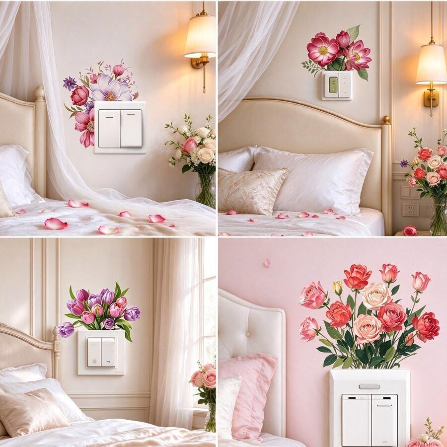 4 miếng dán công tắc đèn hoa văn trang nhã, decal dán tường hoa vẽ tay, tự dính, có thể tháo rời, trang trí phòng dễ dàng, nghệ thuật trang trí bảng công tắc, thích hợp cho phòng tắm, nhà bếp. - 4pcs - Xem 1