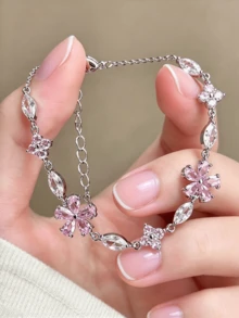 1pc Pink Girly Style Cherry Blossom Bow Flower Zirconia Bracelet - Multicolor - View 5