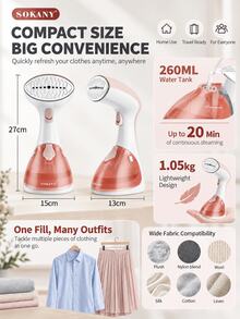 SOKANY Handheld Garment Steamer 260ml Visible Water Tank Stainless Steel Soleplate Vertical Wrinkle Removal - Coral Orange - View 12