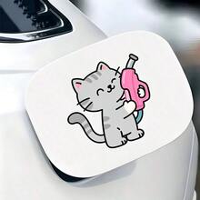 1pc Grey Tabby Cat Cute Winking Holding Pink Oil Gun Pattern Fuel Tank ...