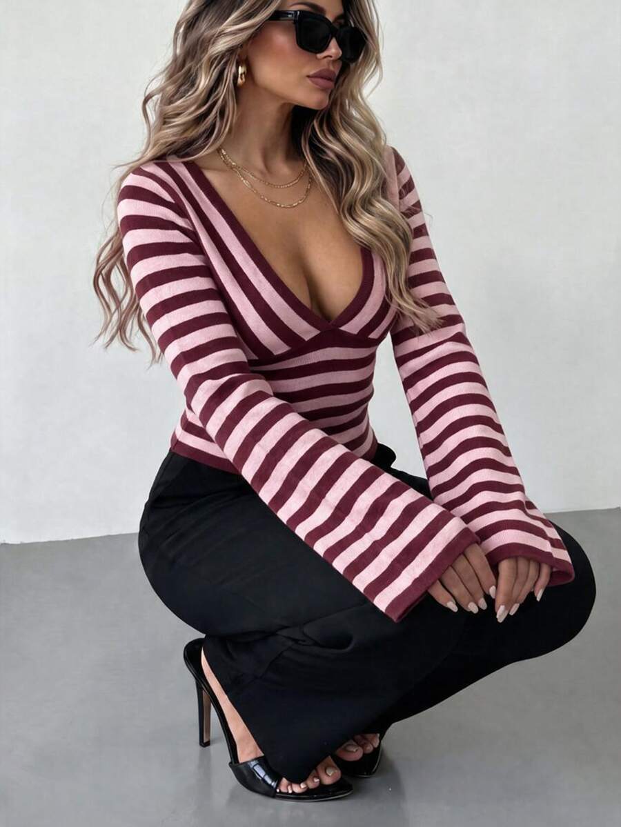 Women's Autumn New Colorblock Striped V-Neck Knit Sweater, Daily Commute & Travel, Oversized Sleeves, Suitable For Wearing Alone Or Layering, Y2K Style, Sweet Backless Design - Light Pink - View 1