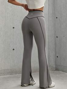 Hidkat Women's Fashion Solid Color High Waist Yoga Casual Sports Knit Flare Pants - Grey - View 3