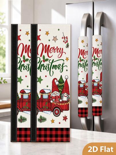 Weihnachts-Winter-Vintage-LKW-und-Gnom-Muster Kühlschrankgriff-Abdeckung, "Frohe Weihnachten" Buchstaben-Muster, mit Klettverschluss, Einweihungsgeschenk Küchen-Dekoration, Weihnachts-Themen-Griff-Abdeckung, geeignet für Kühlschrank, Mikrowelle und Ofen, perfekte Heimdekoration Stoff-Abdeckung, reduziert Verschleiß und Abnutzung, unverzichtbare Weihnachtsdekoration