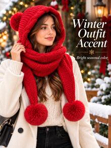 Women's Fleece Lined Knit Hat With 3 Pom Poms, Multi-Functional All-In-One Hat & Scarf Set, Ear Protection Thickened Warm Design, Comfortable And Cute, Suitable For Autumn/Winter, Cyber Monday Holiday Style - Multicolor - View 8