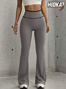 Hidkat Women's Fashion Solid Color High Waist Yoga Casual Sports Knit Flare Pants - Grey - View 1