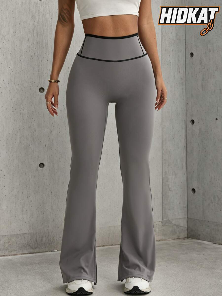 Hidkat Women's Fashion Solid Color High Waist Yoga Casual Sports Knit Flare Pants - Grey - View 1
