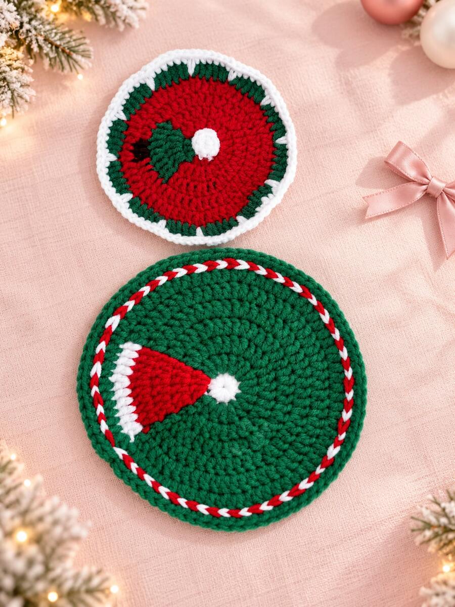 4pcs/2pcs Christmas Crochet Coaster And Placemat Set, Round Christmas Tree Cup Mat And Santa Hat Table Mat, Red Green Holiday Table Decor For Home Kitchen Dining Room, Thanksgiving Gathering, Autumn Decor, Coffee Table, Christmas Gift. Room Decor