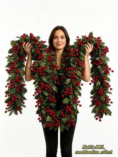 Guirnalda navideña artificial de bayas rojas de 180cm/70.87in, enredaderas de acebo artificial con hojas verdes frescas y bayas rojas, adecuada para chimenea, repisa, escaleras, puerta, pared, mesa, decoración del hogar de vacaciones de invierno interior y exterior, decoración de dormitorio, decoración colgante de estilo rústico de granja, decoración navideña, corona navideña