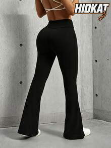 Hidkat Women's Fashion High Waist Ruched Waist Fitted Yoga Sports Knit Split Flare Pants - Black - View 2
