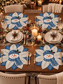 2/4/6pcs-Christmas Snowman Linen Placemat 35 X 35 Cm, Blue Snowflake Holiday Table Mat, Winter Xmas Dining Table Decor For Kitchen Dinner Party, Christmas Home Decorations And Festive Table Setting - Multicolor - View 1