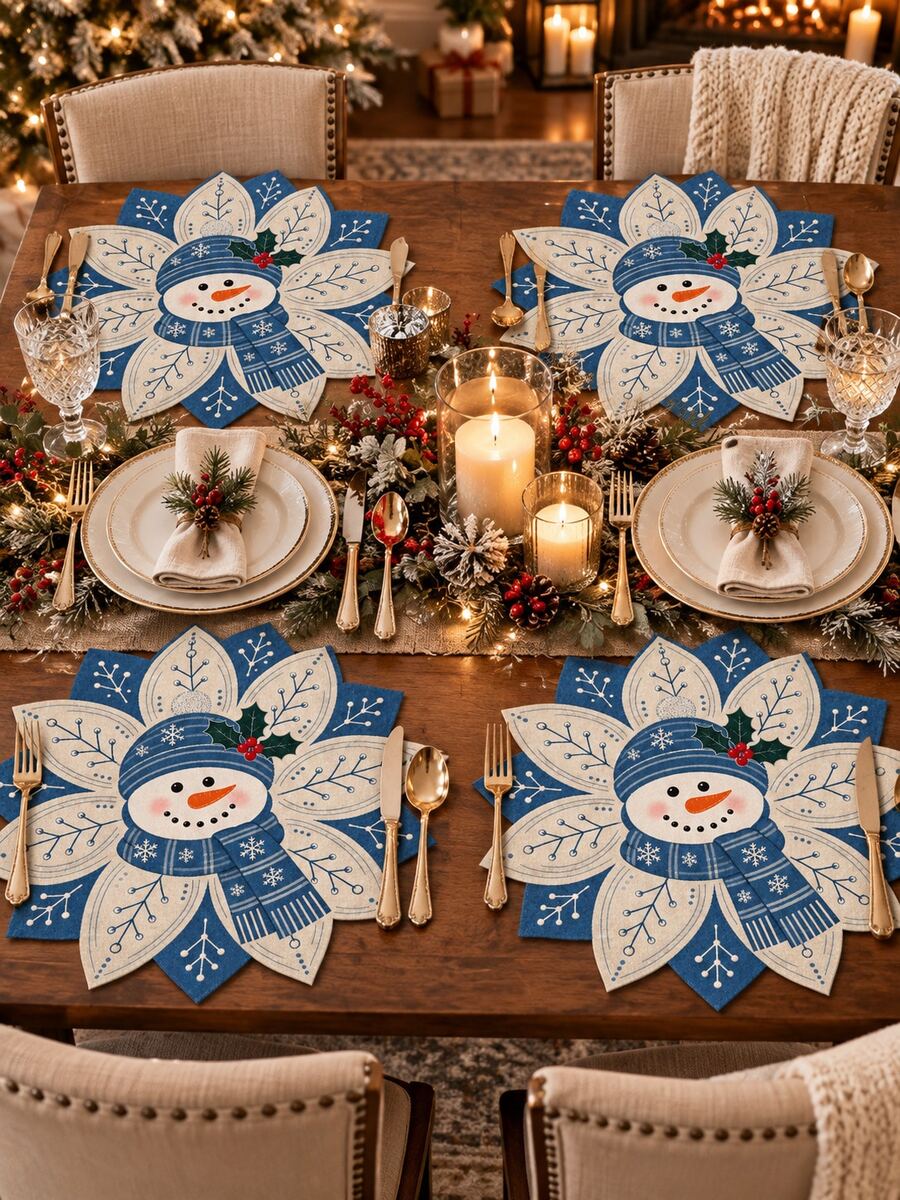 2/4/6pcs-Christmas Snowman Linen Placemat 35 X 35 Cm, Blue Snowflake Holiday Table Mat, Winter Xmas Dining Table Decor For Kitchen Dinner Party, Christmas Home Decorations And Festive Table Setting - Multicolor - View 1