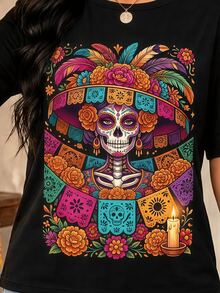 Camiseta de manga corta holgada con cuello redondo para mujer, transpirable y resistente a la deformación. Ideal para fiestas temáticas del Día de los Muertos. Top con un estilo retro de cor - Multicolor - Ver 3
