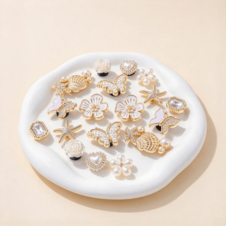 18pcs Luxury Gold Base Pearl Butterfly Shell Starfish Flower Heart Rhinestone Detachable DIY Shoe Buckle Accessories - White Gold - View 1