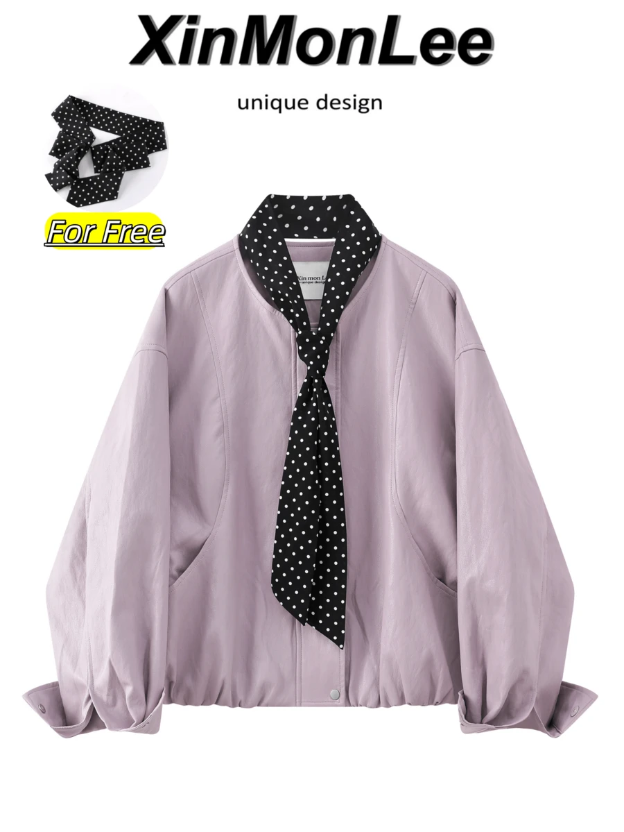 Hong Kong Style Retro Polka Dot Ribbon Leather Jacket With Zipper, Suitable For Evening Dates, Vacations, Daily Wear, Spring And Autumn Casual - Purple - View 1