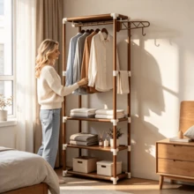 1pc Multi-Tier Freestanding Simple Coat Rack, Thickened Tube Open Clothes Hanger (Can Be Used With Adult Hangers), With Storage Shelves And Side Hooks, Suitable For Storing Clothes, Bags And Folded Bedding In Bedrooms Percheros De Pie Perchero - Multicolor - View 4