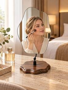 Nordic Cloud-Shaped Irregular Tabletop Makeup Mirror, Frameless Vanity Mirror With Walnut Wood Base & Gold/Black Metal Stand, Decorative Mirror For Bedroom, Dressing Table & Bathroom - Multicolor - View 4