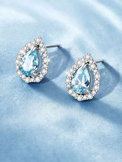 1 Pair 925 Sterling Silver Blue Tear Drop Zirconia Stud Earrings, Women's Daily Versatile Jewelry, Suitable For Party, Vacation, Mother's Day, Birthday, Wedding, Anniversary, Sparkling Exquisite Jewelry, Perfect Gift For Women