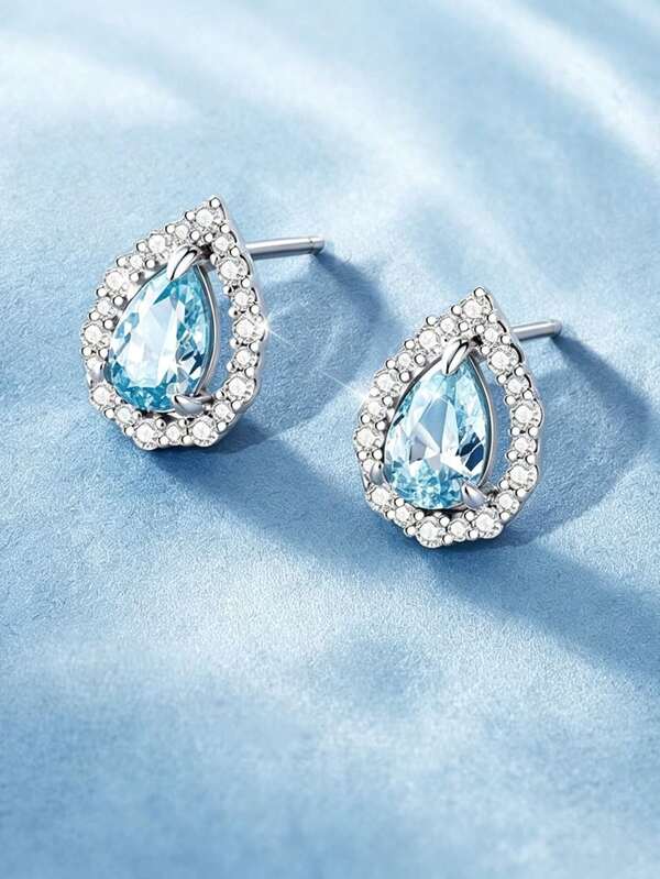 1 par de pendientes de botón de plata de ley 925 con circonita azul en forma de lágrima, joyería versátil de uso diario para mujer, adecuados para fiesta, vacaciones, Día de la Madre, cumpleaños, boda, aniversario, joyería brillante y exquisita, regalo perfecto para mujeres