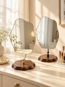 Nordic Cloud-Shaped Irregular Tabletop Makeup Mirror, Frameless Vanity Mirror With Walnut Wood Base & Gold/Black Metal Stand, Decorative Mirror For Bedroom, Dressing Table & Bathroom - Multicolor - View 8