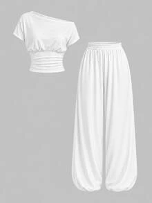 Jotten Solid Color Loose Drop Shoulder Short Sleeve Cinched Waist Top + Tapered Casual Long Pants 2-Piece Set, Soft Drapey Skin-Friendly Outfit, Comfortable Versatile Home Casual Wear - White - View 5