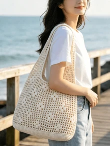 Dedoo Women's Mesh 3D Hollow Crochet Shoulder Bag, Lightweight Large Capacity Open Design, Niche Style, No Lining, Suitable For Vacation, Dating, Shopping And Commuting - Apricot - View 2