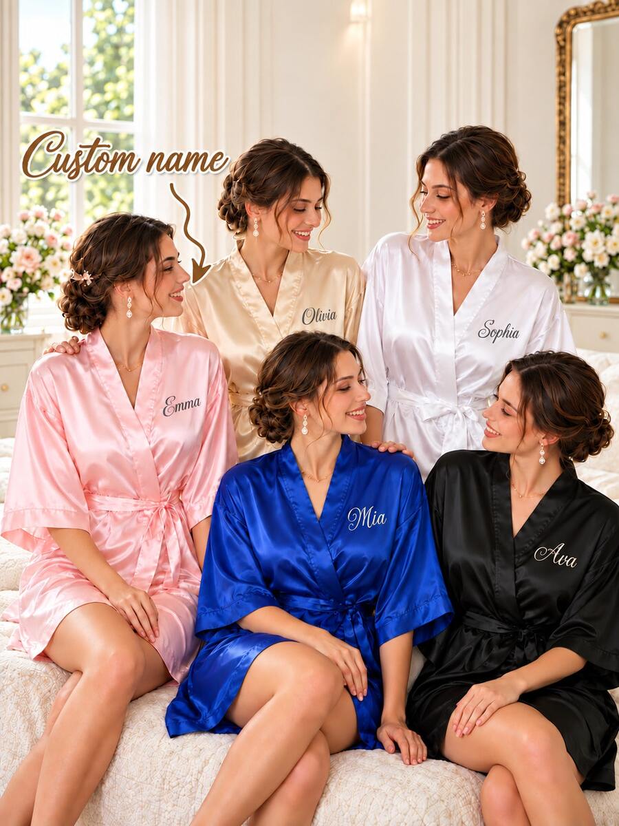 Personalized Satin Bridal Robe, Bride Bridesmaid Kimono Robe, Custom Wedding Party Getting Ready Robe, Bridesmaid Gift,Size-M/L/XL/XXL - Multicolor - View 1