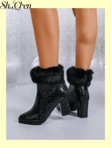 1pair Black Crocodile Pattern Ankle Booties, Furry Fur Trim Chunky Heel Winter Dress Boots Furry Trim Chunky Block Heel Zipper Booties Boots For Women - Black - View 4