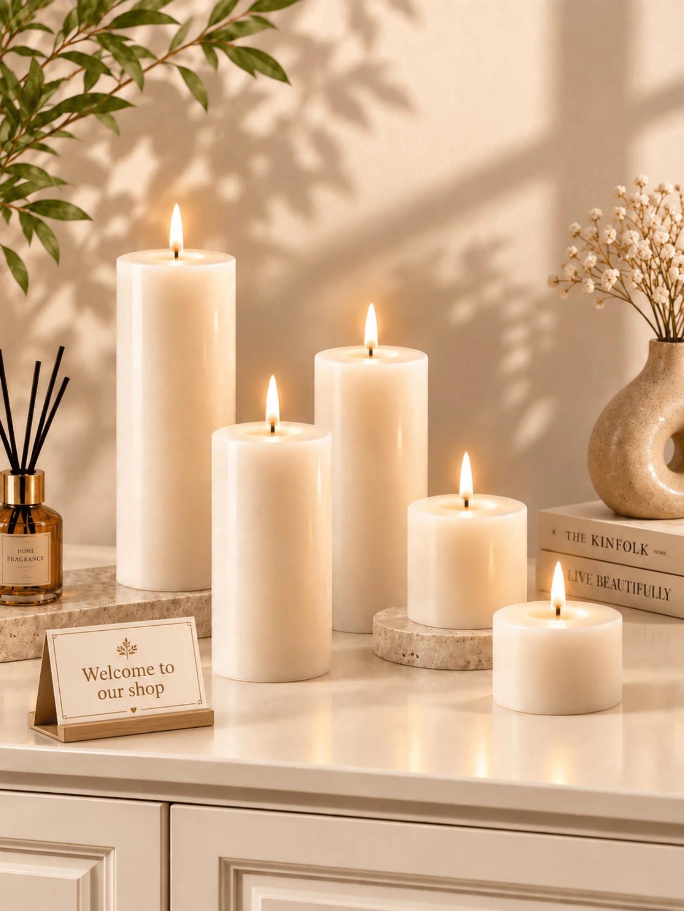 Set Lilin Pilar Putih Gading, Berbagai Ukuran, Set Kombinasi, Lilin Silinder Diameter 5cm, Lilin Tanpa Aroma, Tanpa Asap Hitam, Dekorasi Pernikahan, Dekorasi Meja Rumah - Lilin dekoratif kolom - View 1