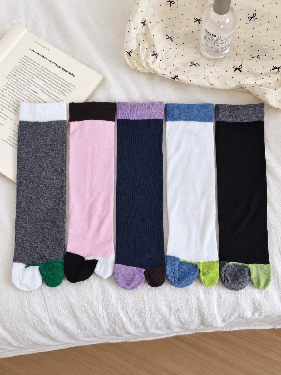 1/5 pares de calcetines con dedos estilo preppy casual versátil y cómodo con diseño de bloques de color y patchwork - Multicolor - Ver 1