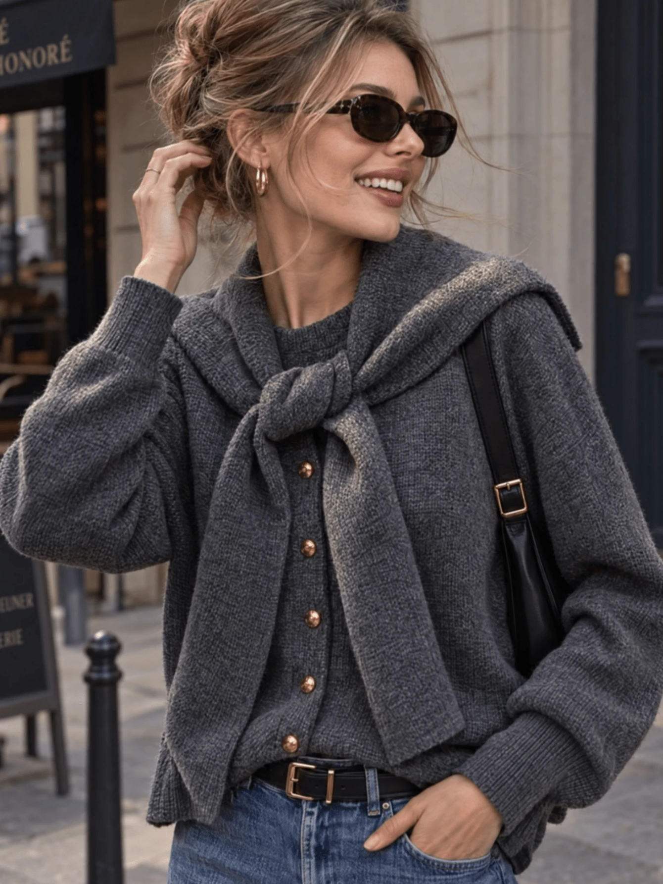 JIANHU Women's Loose Knit Cardigan With Detachable Scarf - Gold Button Cardigan, Casual & Warm For Christmas Holiday And Office Wear - Grey - View 1