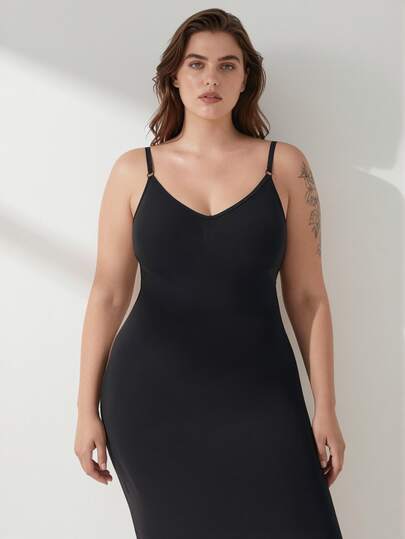 Rosiemei 1pc Plus Size Women's Dress Jumpsuit, Seamless Black Waist Shaping, Chest Abdomen Waist Tightening, Full Body Shaping Dress