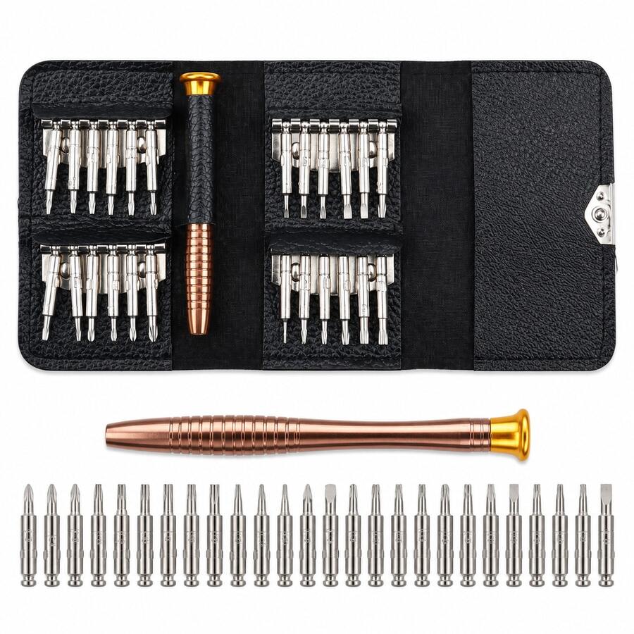 25-In-1 Magnetic Precision Screwdriver Set, 24 Mini Bits With Non-Slip Rotating Handle And Folding Leather Case For Phone, Laptop, Computer, Camera, Watch, Glasses, Game Console, Electronics Repair And DIY - 25-in-1 Magnetic Screwdriver Set With Leather Case - View 1