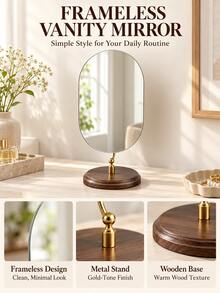 Nordic Minimalist Desktop Makeup Mirror, Frameless Oval Vanity Mirror With Walnut Wood Base, Adjustable Tabletop Makeup Mirror, Suitable For Bedroom, Vanity, Bathroom And Home Decor - Multicolor - View 10