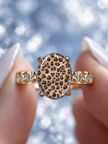 1 buah Cincin Bulat Motif Leopard Imitasi Berlapis Emas, Perhiasan Modis, Desain Bertabur Berlian Berkilau, Cocok untuk Pemakaian Sehari-hari Wanita dan Acara Pesta, Pilihan Hadiah Perhiasan yang Luar Biasa - Yellow Gold - View 2