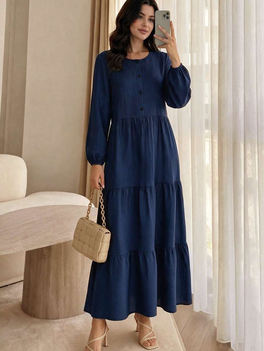 Women's Round Neck Half-Button Front Long Puff Sleeve Tiered Dress, Solid Navy Blue Loose Flowy Casual Dress, Autumn/Winter Daily Wear Fall - Navy Blue - View 1