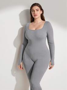 Rosiemei 1pc Plus Size Women Seamless Long Sleeve Corset, U-Neck With Finger Loop Cuffs,Tummy Control And Butt Lift - Grey - View 1