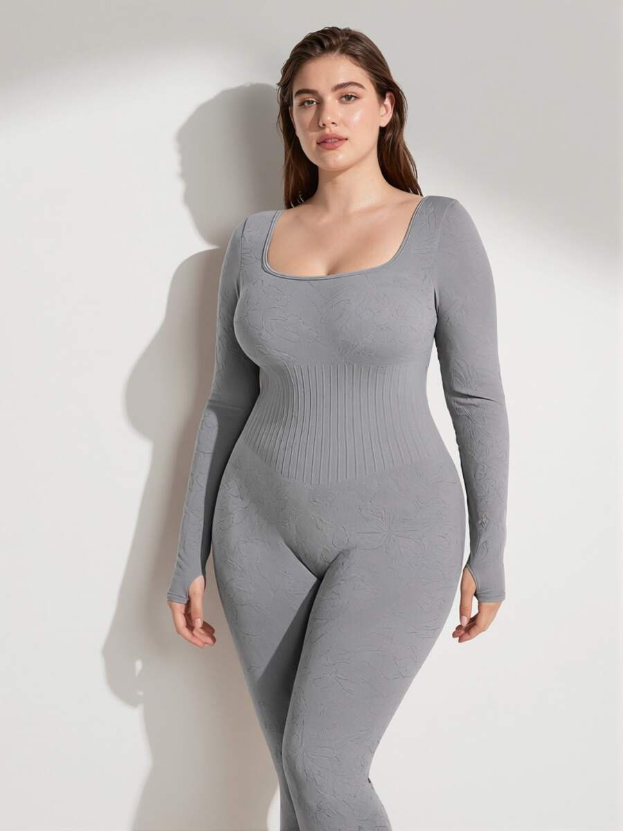 Rosiemei 1pc Plus Size Women Seamless Long Sleeve Corset, U-Neck With Finger Loop Cuffs,Tummy Control And Butt Lift - Grey - View 1