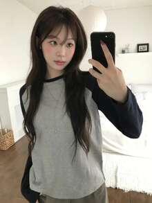 Women's High Elasticity Knit Raglan Sleeve Top, Regular Fit Round Neck Long Sleeve Casual Shirt - Light Grey - View 1