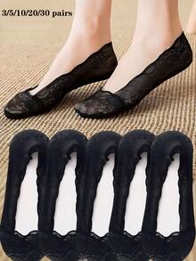 5 Pairs Women's Lace Wavy Pattern Invisible Boat Socks, Sweat-Absorbent, Moisture-Wicking, Non-Slip, Suitable For Daily Wear Or As A Gift - Black - View 4